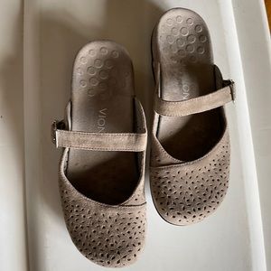 Vionic Lidia Grey suede Perforated Mary Jane slides slip on mules